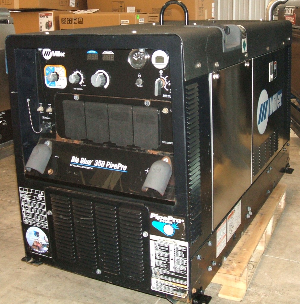Used Miller BigBlue 350 PipePro with Stainless Steel Appearance Pkg Mitsubishi Engine. Output Range: DC Stick 20-400A, FCAW Mig 14-40V Generator Output Rated 12,000 Watts Peak 10,000 Watts Continuous. 24.4 HP @ 1850 Water-Cooled, 4-Cylinder Diesel. ONLY 500 HOURS. Includes WIRELESS Remote Control Kit and Antenna or Corded Remote (Buyer's Choice!). Excellent Condition! 31 Months Factory Warranty Left!! Only 5 Months Old!! $12,500.00 *****SOLD*****